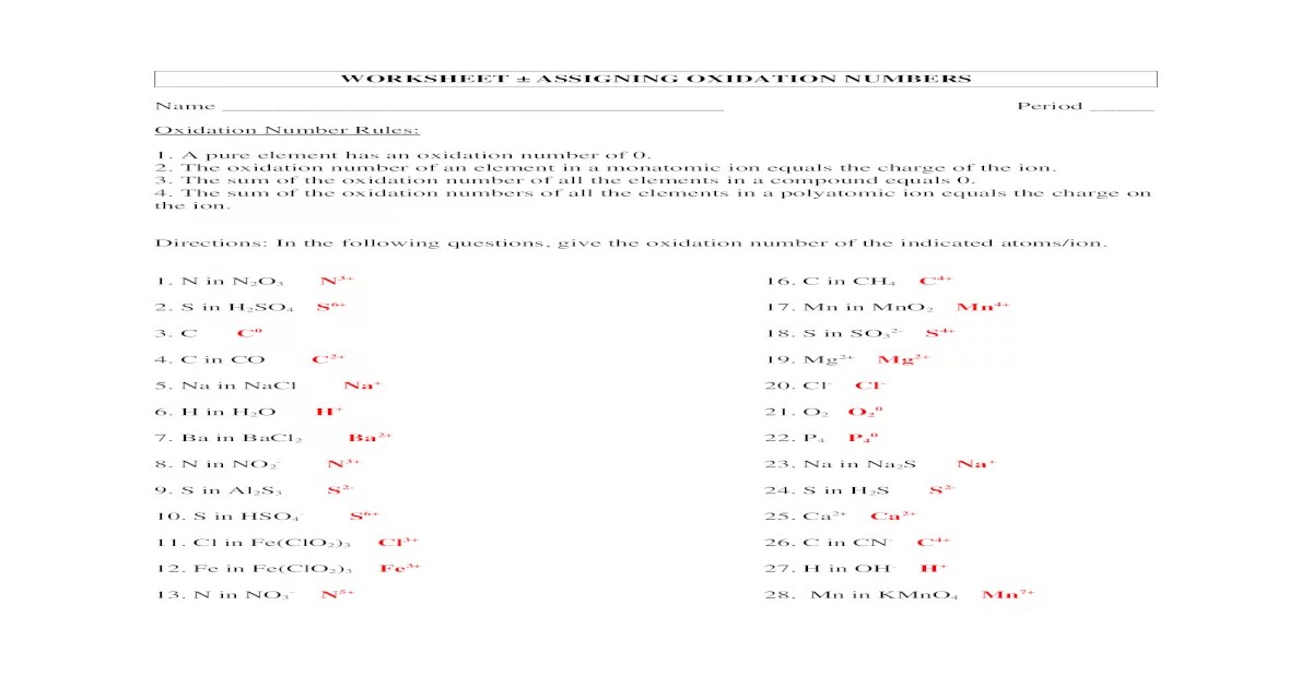 Oxidation number worksheet and answers