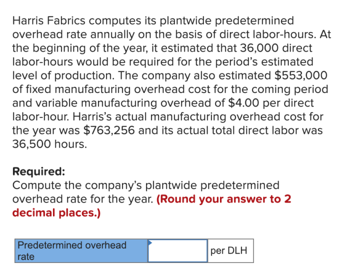 Harris fabrics computes its plantwide predetermined overhead rate